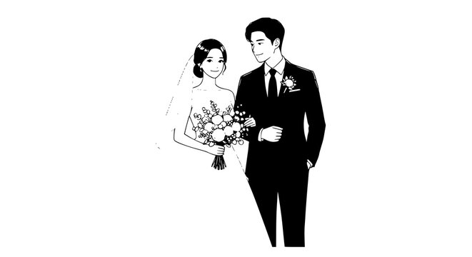 Korean drama inspired newlywed couple wearing elegant wedding dress and formal suit romantic wedding vector illustration