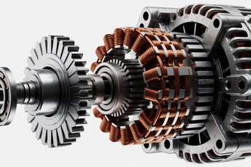 Fototapeta premium Exploded view of car alternator shows internal metal components copper windings rotor stator gear bearing. Automotive engine part isolated white background.