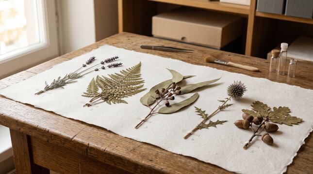 Dried botanical specimens on handmade paper for herbarium collection and floral art design