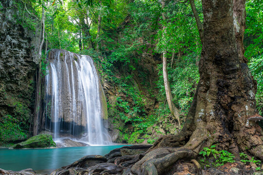 Beauty in nature, amazing Erawan waterfall in tropical forest of national park, Thailand