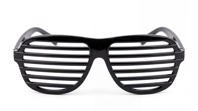 Shiny black plastic shutter glasses featuring stylish horizontal slats and classic frames positioned centered in a bright isolated on white background