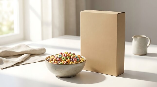 Blank cardboard cereal box with a bowl of colorful fruit flavored loops on a kitchen table. blank cereal box