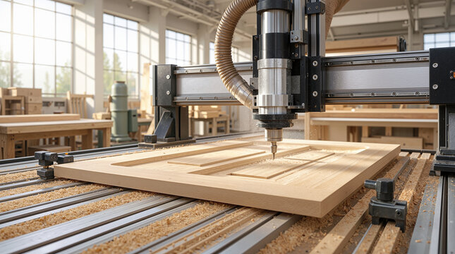 Precision Automated CNC Router Milling Machine Carving Wooden Cabinet Door Panel in Modern Woodworking Factory Workshop