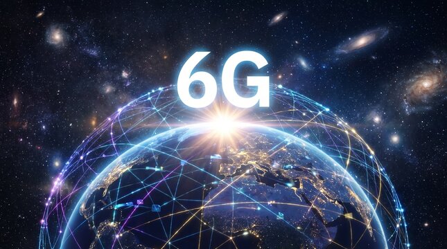 6G network technology concept with global digital data connection over Earth in space.