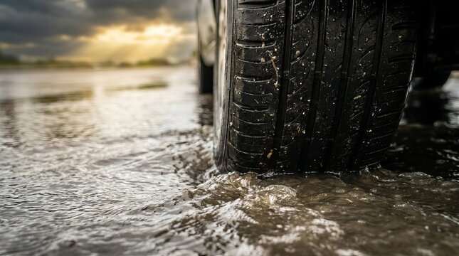 A car tire drives through murky water on a cloudy day.