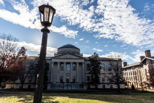 Chapel Hill, North Carolina, United States - 22 December 2021: View of Wilson Library at the University of North Carolina at Chapel Hill, featuring its neoclassical dome and columns.