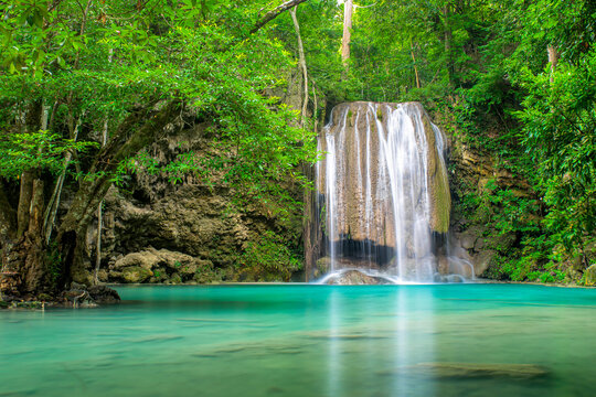 Beauty in nature, amazing Erawan waterfall in tropical forest of national park, Thailand