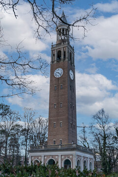 Chapel Hill, North Carolina, United States - 22 December 2021: View of the Morehead-Patterson Bell Tower at the University of North Carolina at Chapel Hill, with brick architecture and arched base.