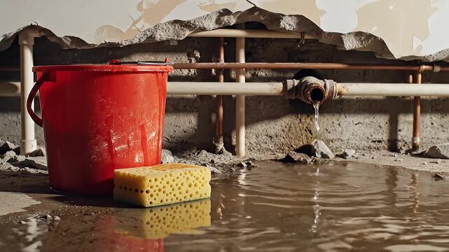 Damaged Water Pipe Leaking Into Flooded Basement Requiring Cleanup with Bucket and Sponge