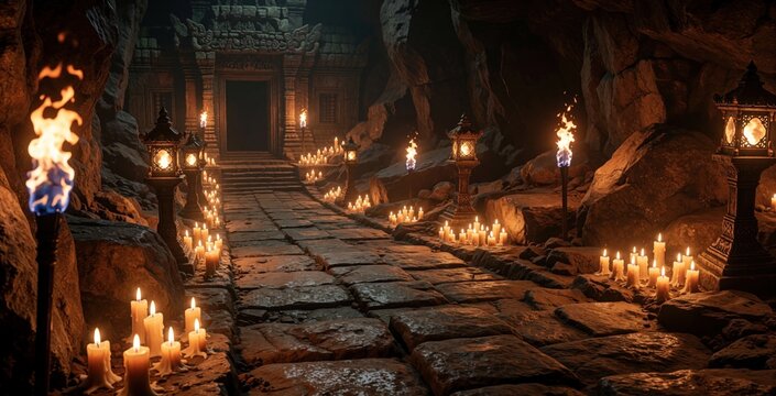 Stone path leads to ancient temple entrance within dark cave. Torches and candles illuminate rocky passage, creating mysterious atmosphere for exploration adventure.