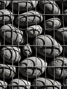 Close up of gabion wall with rounded stones inside steel wire mesh. Grey pebbles held by metal grid create geometric pattern. Industrial construction structure uses rocks for erosion control garden