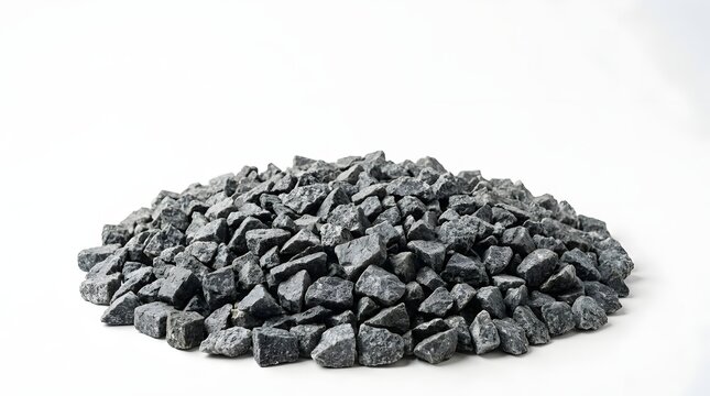 Pile of crushed gray stone aggregate on white background