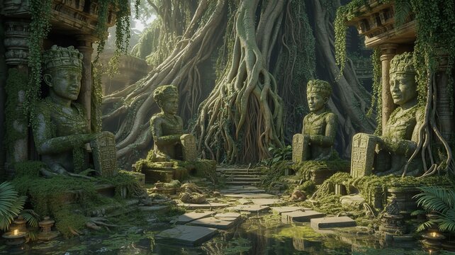 Ancient stone statues sitting serenely amidst lush overgrown jungle ruins with massive tangled tree roots cascading down crumbling rock structures and serene water ponds under soft natural morning sun