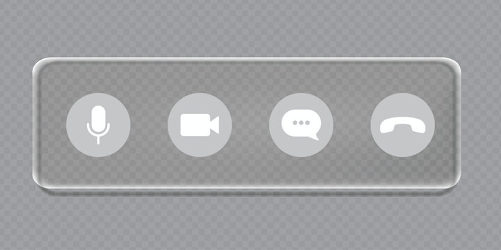 Video Call Interface Icons: A clear, glass-like interface displays four essential icons for a virtual communication session: microphone, camera, chat bubble, and phone receiver.