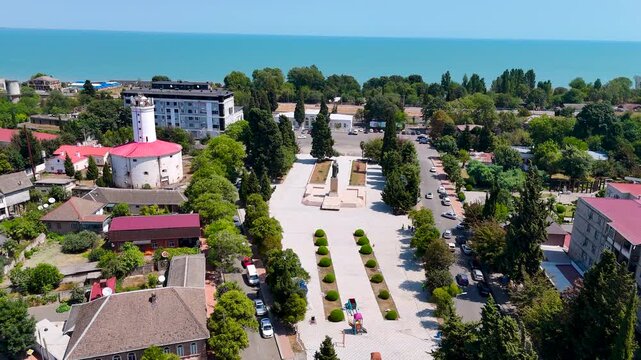 Lankaran Azerbaijan Coastal City Aerial View with Historic Lighthouse, Railway and Caspian Sea 4K
