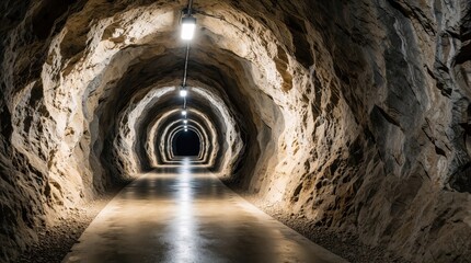 Naklejka premium Dark rock tunnel with smooth concrete path leading to black end. Row of lights with wires on top illuminates path. Stone walls curve around tunnel. View into darkness at end. Perspective shows tunnel