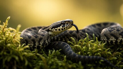 Naklejka premium Viper snake with forked tongue flicks out, coiled on mossy ground. Detailed scales visible on wild reptile in natural habitat, sensing environment with its smell.