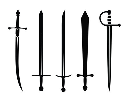 Medieval sword set vector illustration featuring scimitar broadsword katana longsword and rapier silhouettes isolated on white background.