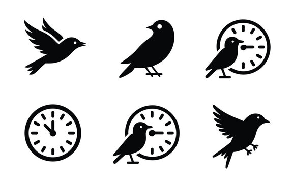 Early bird vector icon set featuring flying birds, perching birds, and clock symbols for early bird special promotion concepts.