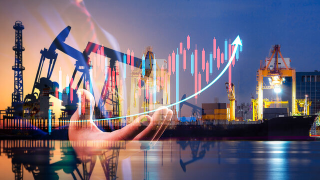 Double exposure of businessman with refinery plant and Crude Oil pump oil rig energy industrial machine for petroleum background