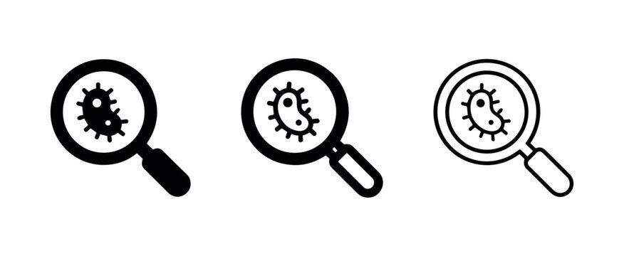 Magnifying glass virus scan and bacteria detection icons