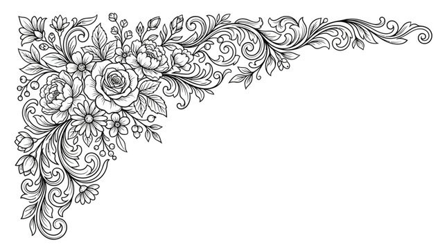 Detailed black and white floral corner design with roses, leaves, and intricate scrollwork, elegant decorative element.
