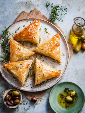 Spanakopita, a savory Greek pie made with flaky phyllo dough filled with spinach, feta cheese, onions, and herbs
