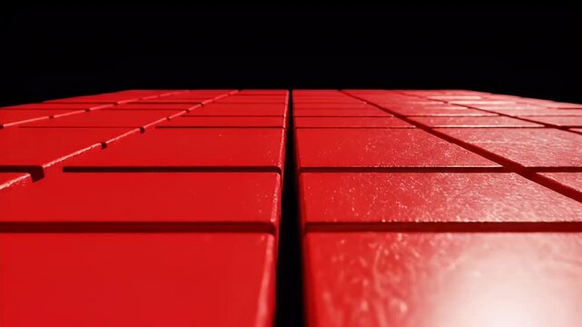 Dynamic 3D animation of red blocks rising and falling rhythmically, creating an abstract wave