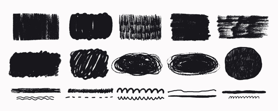 Brush chalk texture with grunge strokes. Rough rectangle and oval marks pair with scribble and wavy line strokes. Fits backgrounds, posters and packaging design