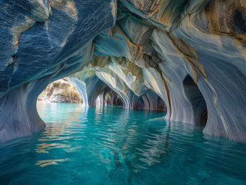 Marble Caves of General Carrera Lake with swirling blue marble formations reflected in turquoise water, magical natural light, ultra realistic, HDR, 8K, no people
