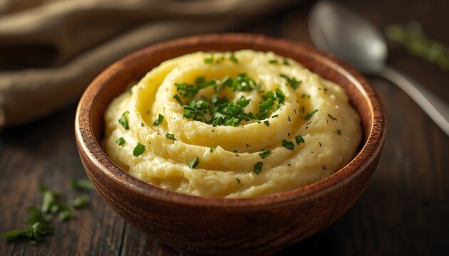 Creamy mashed potatoes in a rustic wooden bowl garnished with fresh green chives