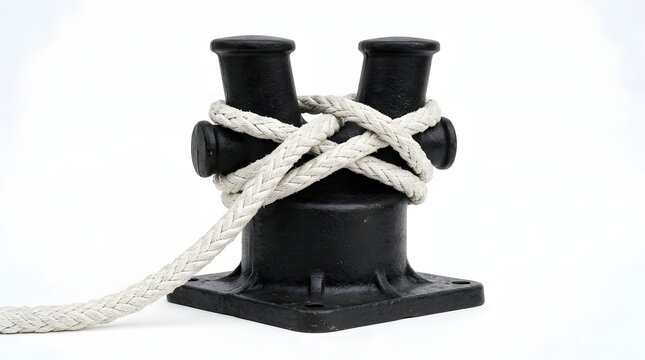 White rope wrapped around black marine mooring cleat