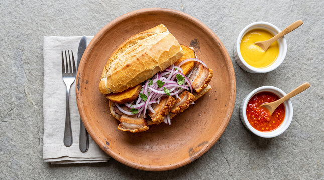 Peruvian Pan con Chicharr&oacute;n on Neutral Stone Surface, Top View Minimal Food Photography