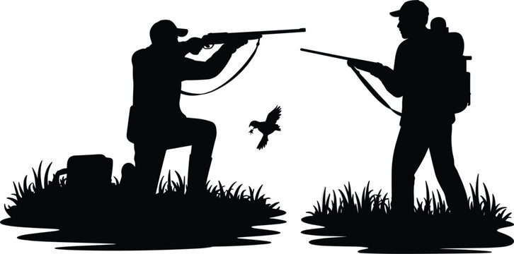 Waterfowl hunting silhouette vector illustration, hunters with rifles aiming at flying duck in wild marshland