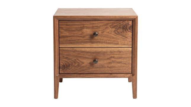 Natural wood bedside nightstand with two storage drawers for classic bedroom home decor.