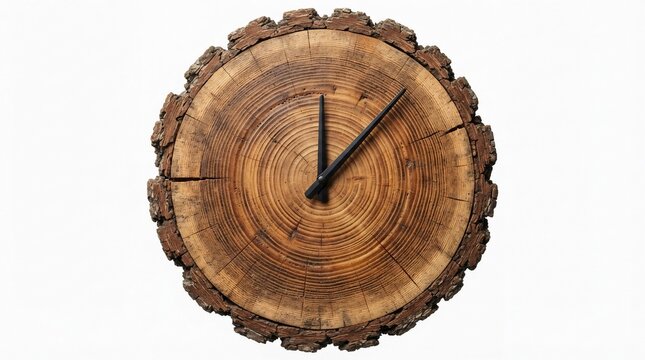Rustic wooden wall clock made from a natural tree slice, round timber log cross section with bark, organic home decor on white background