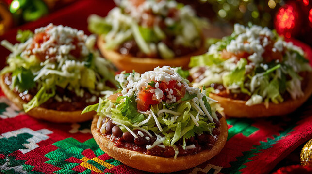 Mexican sopes topped with beans, lettuce, cheese and salsa, festive green white red table decorations, premium commercial photography, no humans
