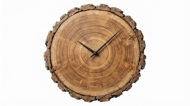 Rustic wooden wall clock made from tree slice, natural timber cross section with bark, organic wood grain time piece on white background
