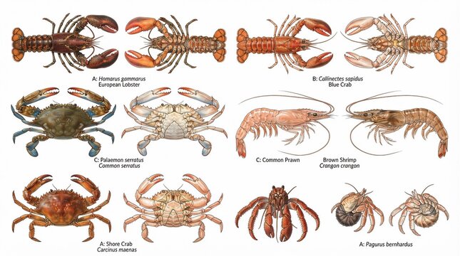 Vintage scientific illustration of edible crustaceans, set of 8 marine species including lobster, crab, and shrimp