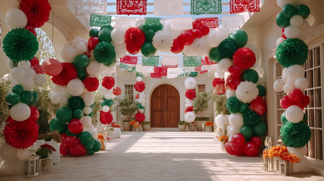 Mexico Independence Day celebration decoration, elegant green white red balloon arch, luxurious papel picado banners, marigold flowers, festive lanterns, premium event styling, ultra realistic