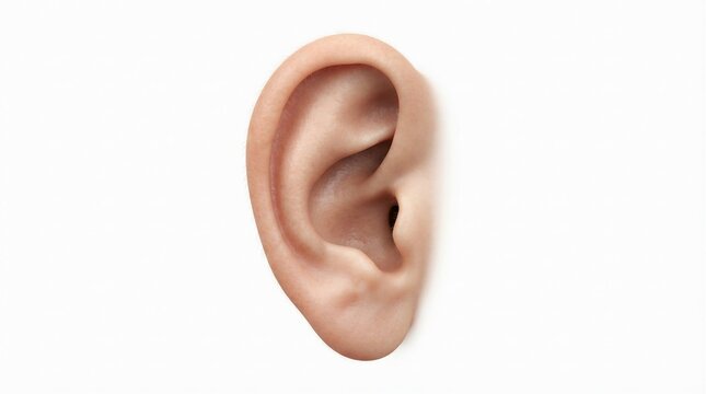 Human ear close up on white background, medical anatomy of outer ear, hearing and sensory organ for healthcare concepts