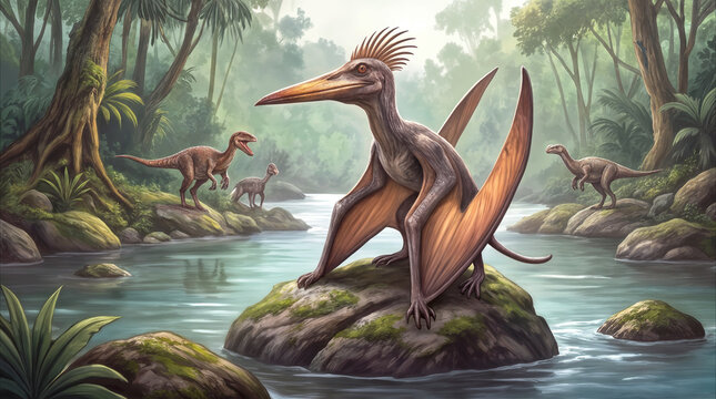 Pterosaur perched on mossy rock in prehistoric river ecosystem. Flying reptile and small dinosaurs in tropical jungle landscape during Mesozoic era.