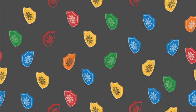 Seamless wallpaper pattern with medieval shields in different colors displaying stylized flowers over dark.
