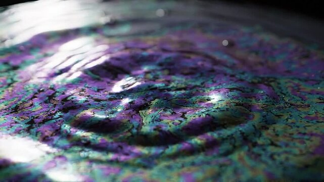 Water droplet falls onto an iridescent surface, creating a crown splash, ripples, and abstract liquid texture for science and motion concepts