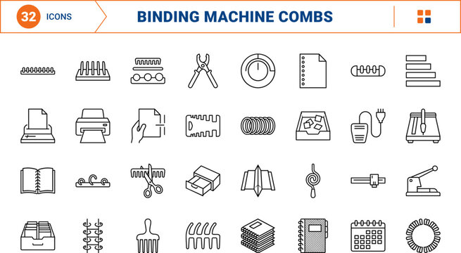 Binding Machine Combs line icon set. Vector pictograms of print finishing, document binding, office supply, and paper punch elements, thin linear illustration.