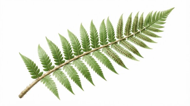 Green fern leaf isolated on white background, botanical frond with detailed texture, organic plant foliage for nature design