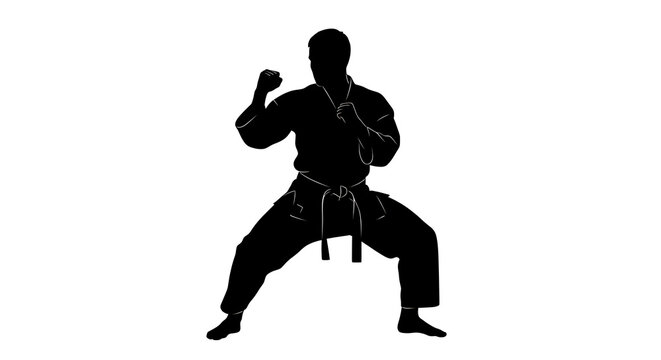 Karate fighter in black uniform ready to strike