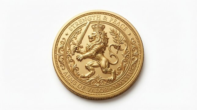 Golden heraldic coin with lion emblem, embossed gold medallion for strength and peace, royal currency token on white background