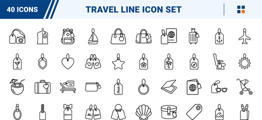 Fototapeta premium Travel line icon set. Vector pictograms of luggage tags, honeymoon accessories, travel bags, and vacation elements, thin linear illustration.