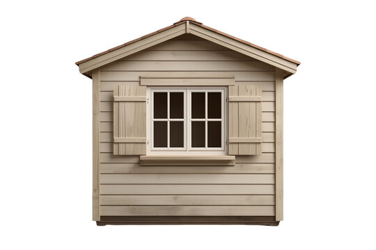 Small beige wooden shed with framed front window